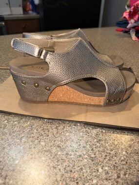 Boutique by Corkys Metallic Pewter Cork Wedge Sandals
